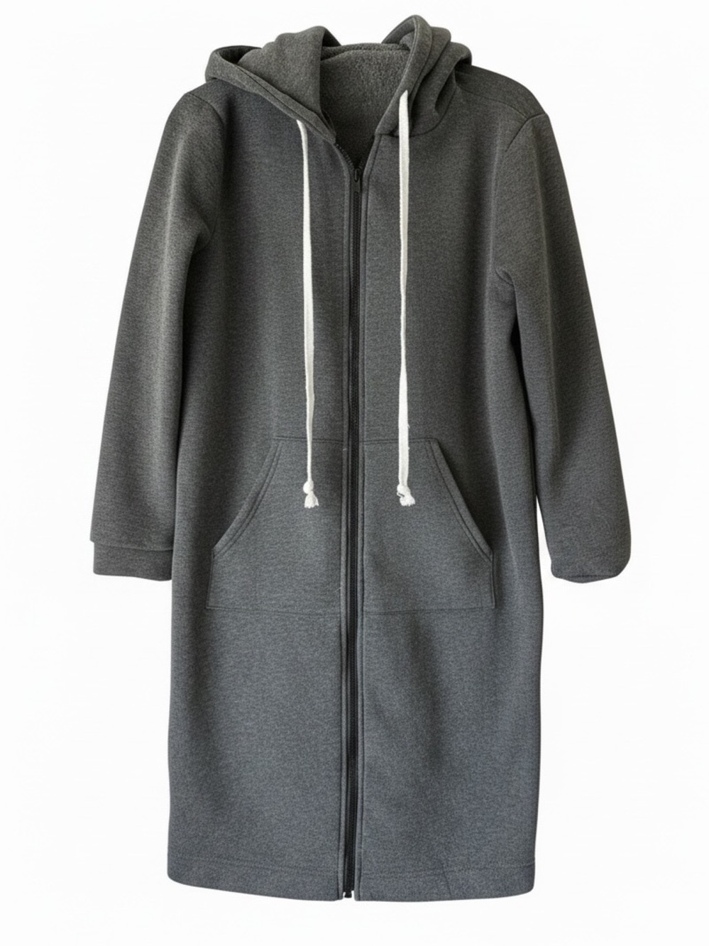 Long Zip-Up Hooded Sweatshirt Coat - Gray with White Drawstrings